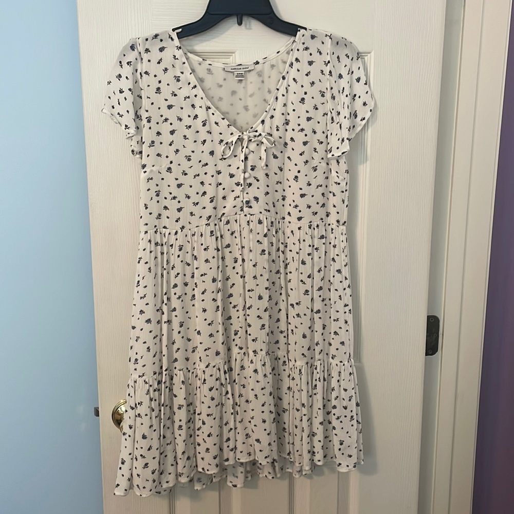 White dress with small blue flowers
